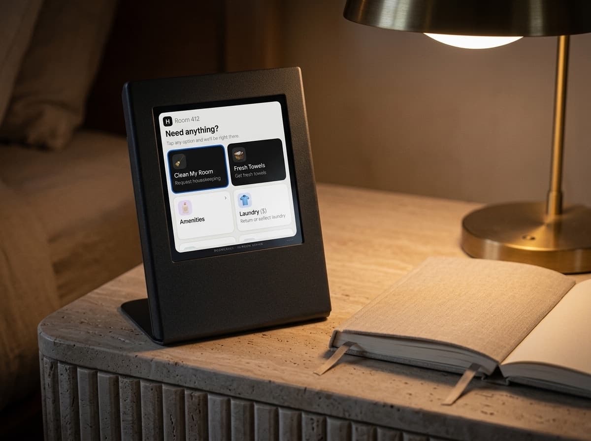 RoomCheck device on a bedside table