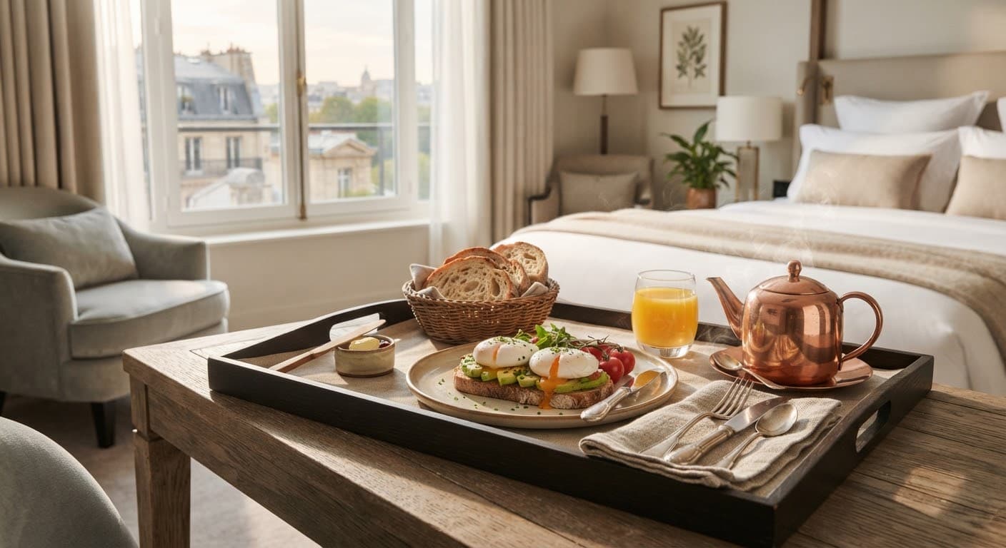 Breakfast tray served in a hotel room